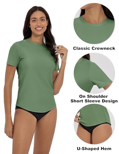 QOMEWA Plus Size Women\'s Rash Guard UPF 50+ Short Sleeve Swimsuit Top UV Sun Protection Hiking Swim Shirts Green Swimsuit Top