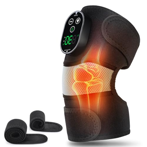 Cordless Heated Knee Massager with Vibration, Heated Knee Brace Wrap, Heating Shoulder Brace Support Wrap for Knee Elbow, Heating Pad with 6 Heating Levels, 3 Massage Modes&Timer (Black+White)
