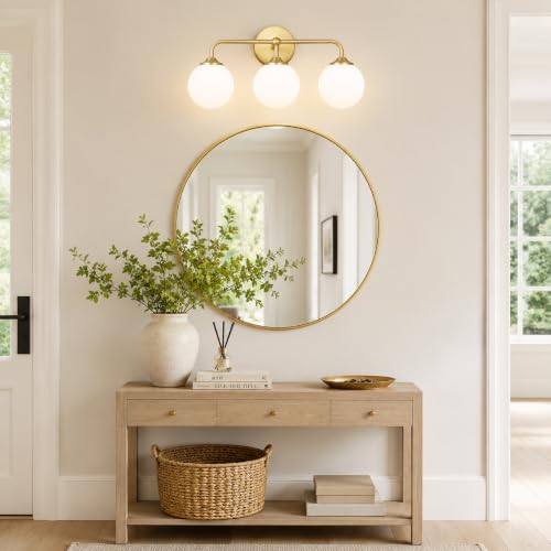 Image of Modern Brushed Gold 3-Lights Vanity Light Fixtures with Milky White Glass Ball Shades, Mid Century Brass Wall Sconce Lighting Fixtures over Mirror, Wall Sconces for Bathroom Dressing Table Bedroom