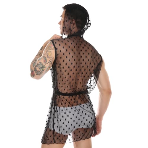 Greenery-GRE Men Sexy Mesh Polka Dot Bathrobe See Through Lace Sheer Lingerie Transparent Pajamas Hooded Sleeveless Nightgown4