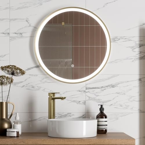 Image of BAYSTONE® 600 x 600mm Bathroom Mirror with LED Lights Wall Mounted Demister Illuminated Mirrors for Bathrooms, Mains Powered, Brushed Brass, Touch Sensor