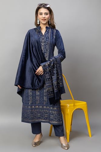 Image of HIFZAA velvet kurta palazzo set with dupatta for womens printed winter wear suit M to 4xl