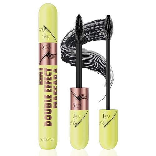 Mascara 2 en 1 de doble efecto, volumen y longitud, cepillo de silicona, resistente al agua y a las manchas, secado rápido, no se aglutinante (negro)