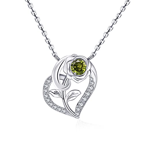 Qings August Peridot Birthstone Necklace for Women 925 Sterling Silver Rose Flower Heart Pendant Necklaces with Cubic Zirconia Birthstones Jewellery Anniversary Christmas Gifts for Wife Her