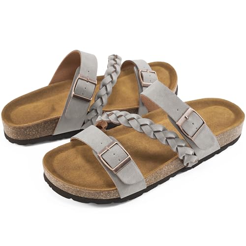 Image of HARENCE Flat Sandals for Women 2026 Comfort Cork Footbed with Adjustable Buckle Summer Slides for Women for Vacation Walking