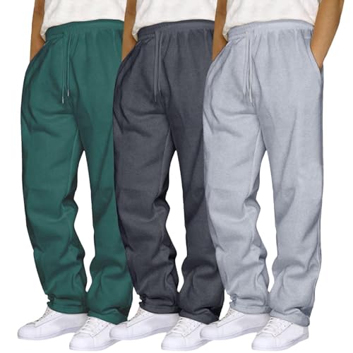 Mens Sweatpants Wide Leg Elastic Waist 3 Pack Sweatpants Fleece Open Bottom Drawstring Athletic Joggers Sweat Pants