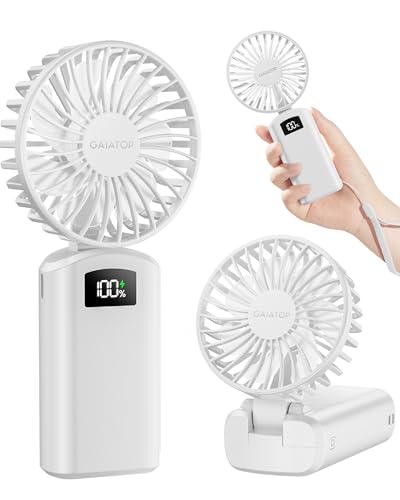 Gaiatop Portable Handheld Fan, 180°Foldable for Desk, 6.5H Max Lasting, 3 Speed Setting, Small and Lightweight, USB Rechargeable Battery with Digital Display for Office Indoor Outdoor Makeup
