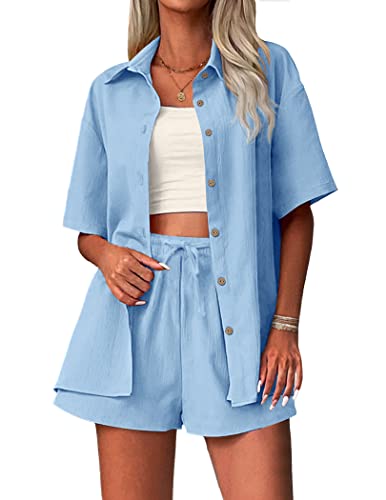 Zeagoo Women's Cotton Linen Set 2 Piece Casual Tracksuit Outfit Set Summer Short Sleeve Shirt And Drawstring Shorts #TOP16
