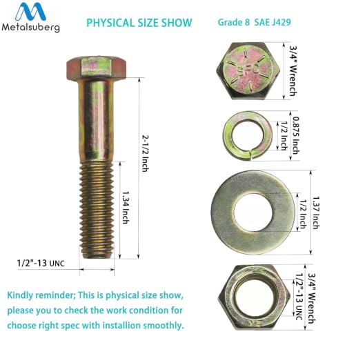 Image of 1 /2 inch x 2-1 /2 inch Grade 8 Hex Head Bolt and nut,Spring Lock Washer and Large Flat Washer Assortment Kit, Color Gavalization,Alloy Steel,Heavy Duty,(10sets Pack),by Metalsuberg.