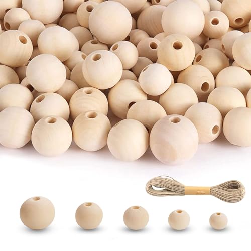 Perles en Bois, 100pcs 5 tailles Grosses Boules en Bois avec Trou, Perles en Bois Naturel Avec trou, Pour Bracelets de Bijoux DIY, Décorations Créatives(Avec...