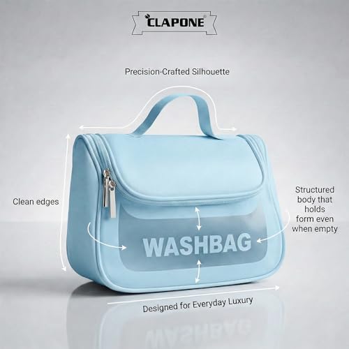 Image of Cosmetic Bag for Women, PU Leather Makeup Pouch, Large Capacity Travel Makeup Organizer with Divider & Handle, Waterproof Portable Vanity Storage Bag for Toiletries (Washing Bag-Blue)