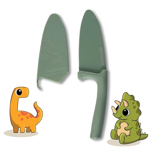 Fackelmann Cuchillo Para Chef Dino Con Protector De Cuchilla Seguro Y Apto Para Niños, Revestimiento Antiadherente, Mango Ergonómico, Incluye Protección De Hoja En Aspecto Dinosaurio