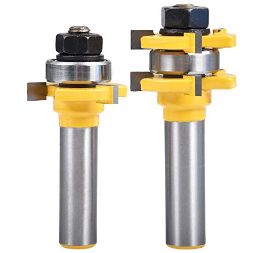 HOHXEN 2 Pcs/Set Tongue and Groove Router Bit Set, 1/2 Inch Shank Grooving Router Bit, 3 Teeth T-Shape Wood Milling Cutter, WoodWorking Tools (1/2 Shank, 1/4 Teeth Width, 1/4 Teeth Depth)