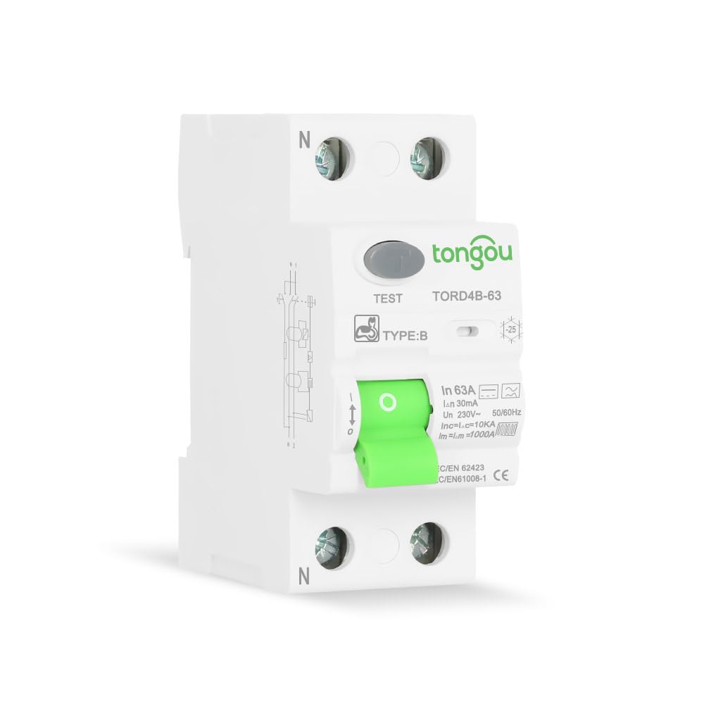 Interruttore differenziale Tipo B/Rail Din/RCCB/AC/DC / 63 A - 30 mA / 2 Poli / 10KA / 230V / Caricabatterie Auto Elettriche TONGOU