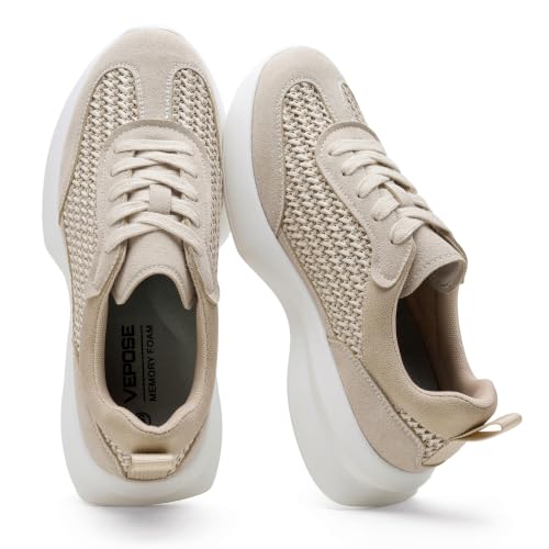 Image of Vepose Women's Retro Platform Sneakers Lightweight Lace Up Walking Shoes | Designer dressy sneakers with memory foam cushioning, grippy sole, and stylish woven or PU looks for work, travel, errands