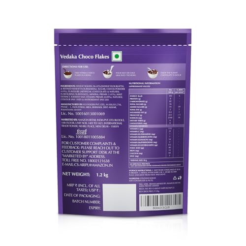 Amazon Brand - Vedaka Choco Flakes 1.2 kg | Irresistible Chocolate Flavor | Crunchy and Delicious | High in Fiber | No added Preservatives