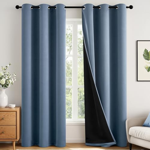 Image of MIULEE Stone Blue 100% Blackout Curtains for Bedroom 96 Inch Long 2 Panels | 2 Thick Layers Thermal Insulated Window Curtains with Black Liner, Noise Reducing Grommet, Drapes for Living Room