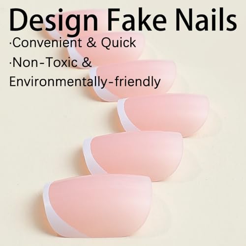 Image of White French Tip Press on Nails Short Square Fake Nails Design Reusable Glossy Full Cover Nude Stick on Nail for Women Manicure 24Pcs
