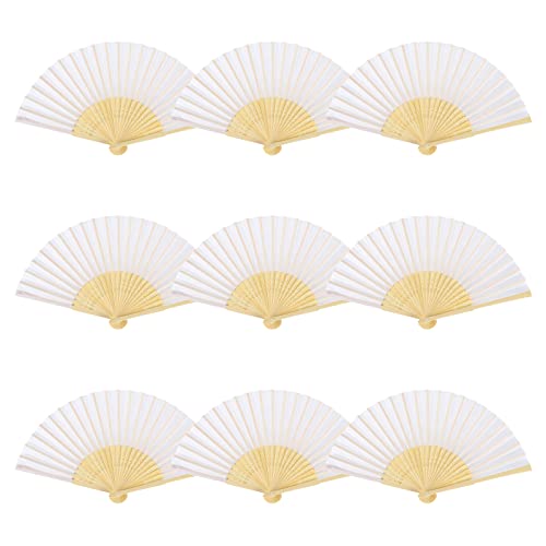 9 Piezas Abanicos de Tela Abanico de Seda Ventilador de Papel de Mano Abanicos Plegables Abanicos Plegables de Bambú Abanico Artesanal Ventilador Plegable para Decoración de Paredes (Blanco)