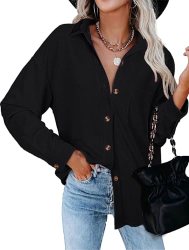 Tanmolo Bluse Damen Langarm Hemdjacke Elegant Hemdbluse Baumwolle Langarmshirt Blusen Waffelbluse Lässig Oberteile Tops mit Knöpfen Hemd Schwarz, XL
