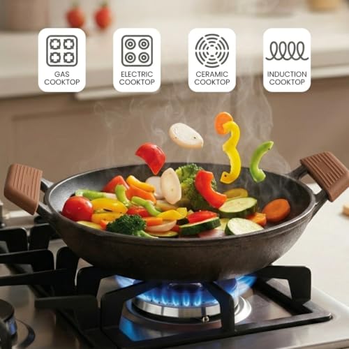 Image of HomeEssentials Pre-Seasoned Cast Iron Kadai with Silicone Grip, 24cm, 2.5-2.7L Capacity, 100% Pure Cast Iron Cookware, Naturally Non-Stick, Non-Toxic, Compatible with Gas, Ceramic & Electric Cooktops