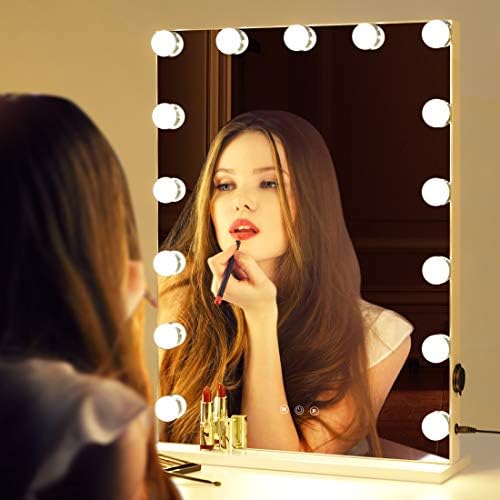 HOMPEN Large Vanity Mirror with Lights, Lighted Makeup Mirror with 15pcs Dimmer Bulbs, Tabletop or Wall Mounted, Hollywood Style Large Vanity Mirror with 3 Color Lights--White