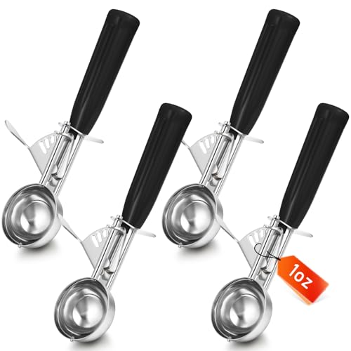 Reallnaive 4 Pcs Release Cookie Scoops Ice Cream Scooper with Trigger Release Portion Scoop Stainless Steel for Portion Control, Baking Food, Cookie Dough (1 oz,Black)