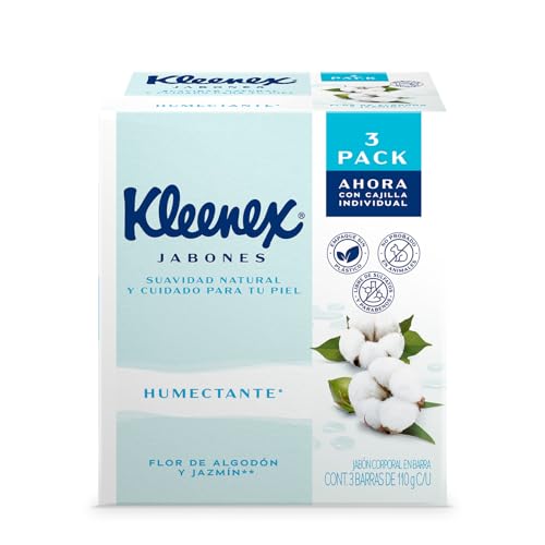 Kleenex Jabones Humectante con Flor de Algodón y Jazmín, Suavidad Natural, Libre de Sulfatos y Parabenos, 3 Barras de 110g