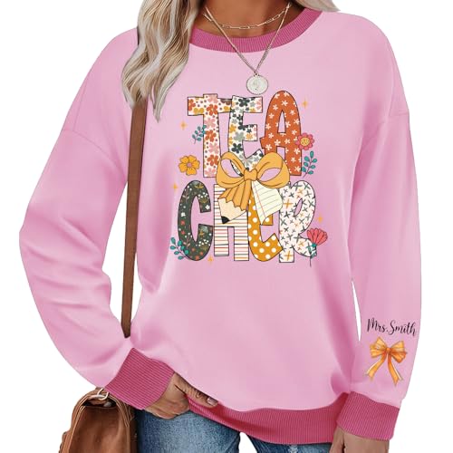 IZI POD Personalized Teacher Pumpkin Shirt, Custom Fall Sweatshirt, Fall Coquette Bow, Autumn Teacher Tee, Gift for Women4