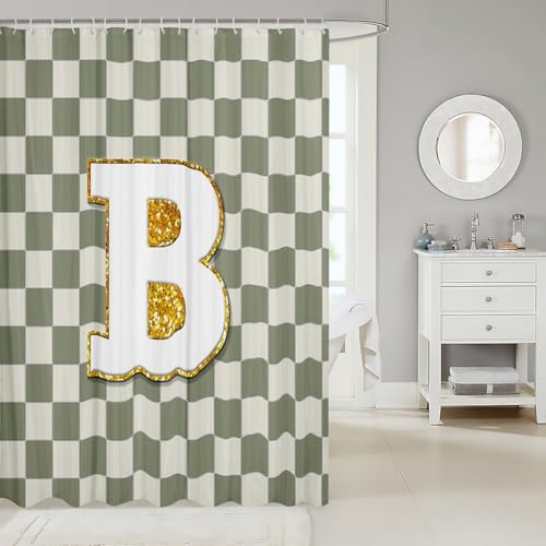 Image of Erosebridal Sage Green Checkered Bathroom Curtain Plaid Initial B Shower Curtain 72 inch Wx78 L Personalized Monogram Bathroom Accessories for Kids Adults,Fashion Grids Gingham Shower Decor