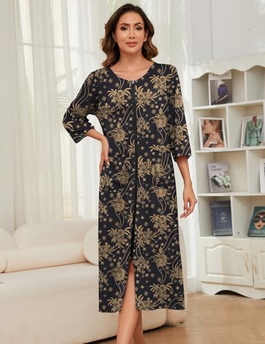 Image of Bloggerlove Zipper Front Robes for Women House Coat Half Sleeve Loungewear Long Nightgown with Pockets S-3XL