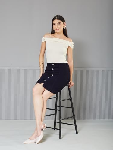Image of Miss Chase Women's Regular High Rise Above Knee Stretchable Denim Skirt