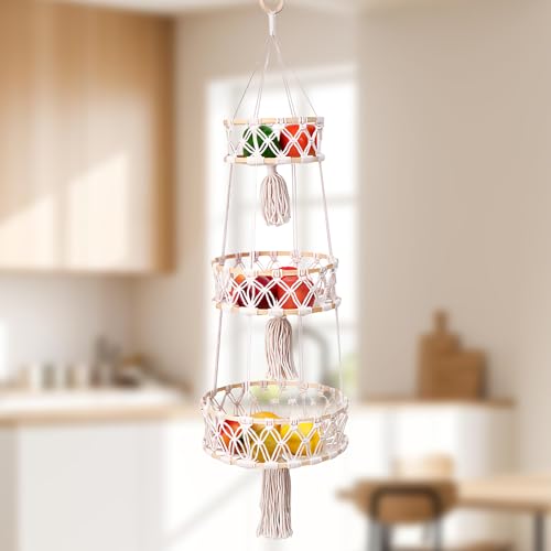 Cesto per Frutta da Appendere 3 Livelli, Cestino Sospeso, Cesto di Frutta da Parete, Stile Bohémien, per Cucina, Soggiorno, Bagno, Camera da Letto
