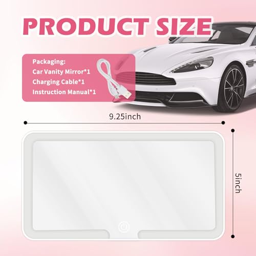 Rechargeable Car Vanity Mirror with Lights,50 LED Beads Car Mirror Vanity Adjustable 3 Color & Brightness,Touchable Cars Visor Mirrors with Light as Cars Accessories for Women (White)