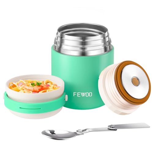 FEWOO Soup Flask, 400ml Vacuum Insulated Food Jar for Hot Cold Food, Leak Proof Soup Containers for Kids and Adults (Green)