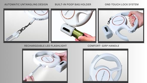 All-in-One Retractable Dual Dog Leash with LED Light and Poop Bag Holder, 360° Tangle-Free Swivel, One-Touch Brake/Lock, Durable Tape & Ergonomic Grip – for Two Small Dogs by LovYoPet - Image 7