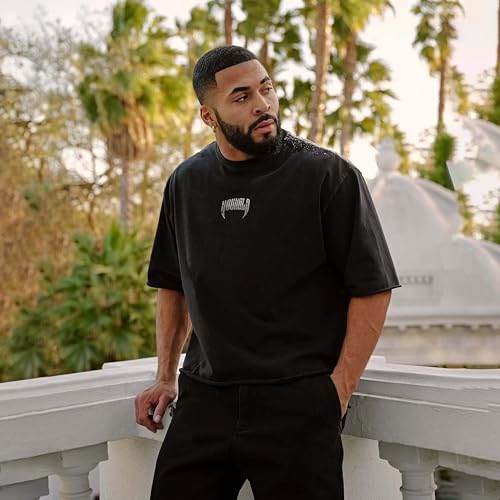 Men’s Oversized Skull Graphic T-Shirt Vintage Wash Streetwear Tee for Gym Running Casual Drop-Shoulder4