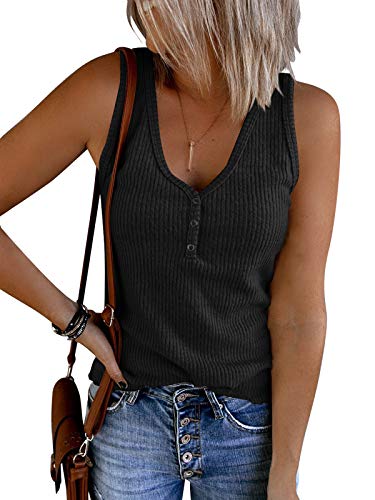 Saodimallsu Damen Tank Tops mit V-Ausschnitt Sommer Gerippte Ärmellose Henley-Hemden Beiläufige Lose Geknöpfte Cami-Strick-T-Shirts Schwarz L Cover
