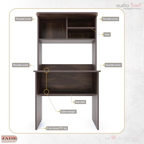 Image of Studio Kook Jade Study Computer Table with Shelves, Junglewood | Engineered wood, 81.9x45x152 cm, 77.9x58.3 cm desk top at 76 cm, hutch shelves, cable outlet. Chair not included