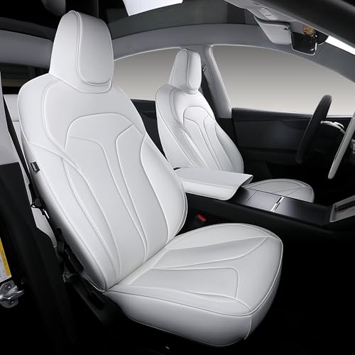 OURPLOT Custom Fit Seat Covers for 2025 2026 Tesla Model Y Juniper (5-Seater) Waterproof Breathable Nappa Leather OEM Style Full Set Protectors Airbag Compatible - White