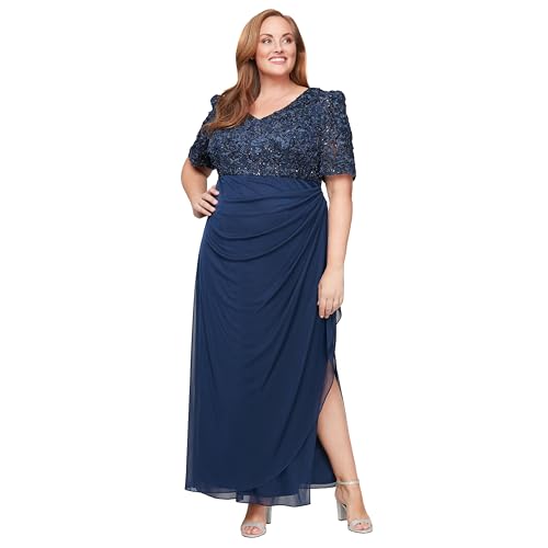 Alex Evenings Women's Long Stretch Sequin Bodice Mother of The Bride Dress with Empire Waist (Plus Size)