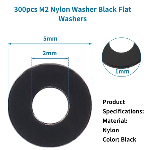 Bivethoi 300pcs M2 Nylon Flat Washers, 2mm ID 5mm OD 1mm Thickness Plastic Spacer, Sealing Insulating Washer for Water Hose Faucet Pipe