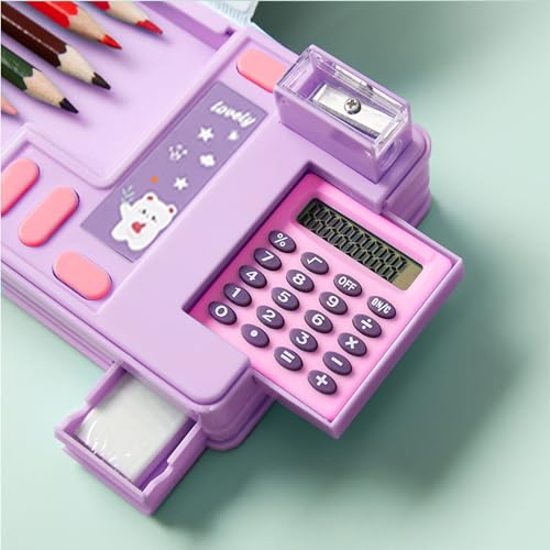 Image of Pop Up Multifunction Pencil Case, Cute Cartoon Pen Box Organizer Stationery with Calculators, Sharpener, Schedule, School Supplies, Best Birthday Gifts for Kids Teens (Purple)