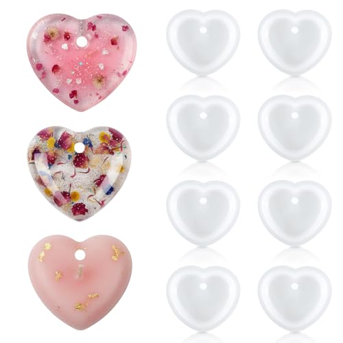 HJZHII 8Pcs Heart Shaped Resin Mold Cute Love Heart Silicone Molds with Hole for Resin DIY Craft Pendant Necklace