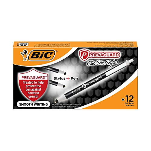 BIC PrevaGuard Clic Stic Ballpoint Pen & Stylus, With Built-in Protection To Suppress Bacteria Growth, Medium Point (1.0mm), Black, 12-Count