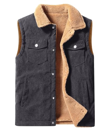 Oralidera Gilet sans Manches en Velours Côtelé pour Homme Gilet d'hiver Doublé en Polaire Chaud Gilets Rembourré avec Poches, Gris, M