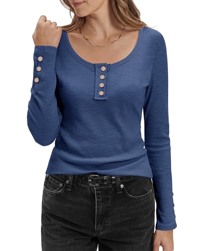 Stelle Scoop Neck Long Sleeve Tops for Women Henley Ribbed Knit Casual Shirts Button Fashion Clothing Denim Large