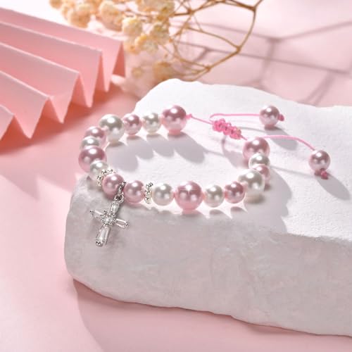 Image of MEALGUET Cross Bracelet Baptism for Girl : Pink White Bead Cubic Zirconia Rosary Christian Cross Charm Bracelet Religious Jewelry First Communion Confirmation for Teen Girls Daughter Niece Kids