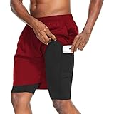 Tanmolo Shorts Herren 2 in 1 Sommer Sporthose Kurze Trainingshose Schnelltrocknende Fitness Laufhose mit Reißverschlusstaschen(Red,EU-XXL,US-XL)