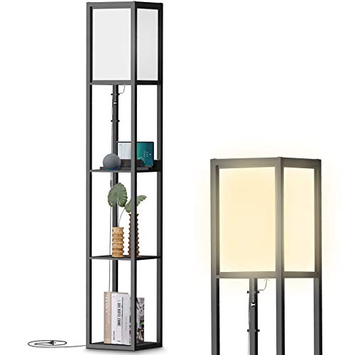 Floor Lamp with Shelves, Modern Tall Lamps with Charging Station-2 USB Ports & 1 Power Outlet - Lamps for Living Room, Bedrooms& Office-Black